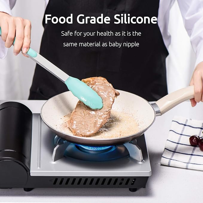 Kitchen Tongs, U-Taste 7/9/12 inches Cooking Tongs, with 600ºF High Heat-Resistant Non-Stick Silicone Tips, 18/8 Stainless Steel Handle, for Food Grill, Salad, BBQ, Frying, Serving, Pack of 3(Teal)