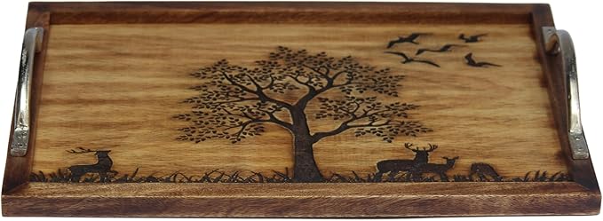 Large Wooden Serving Tray with Nature Scene, Decorative Tree and Wildlife Design, Metal Handles