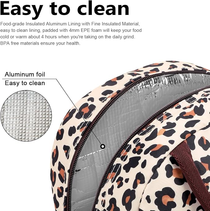 BALORAY Lunch Bag for Women Men Insulated Lunch Box for Adult Reusable Lunch Tote Bag for Work, Picnic or Travel (Beige with leopard)
