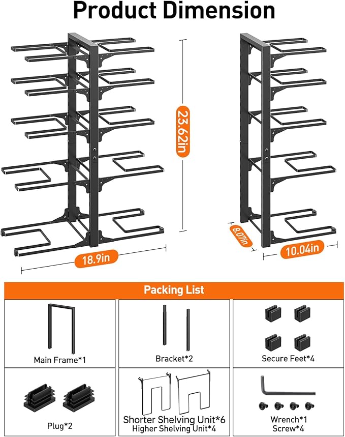 ORDORA Pots and Pans Organizer under Cabinet 23.62" Height, 10-Tier Kitchen Cabinet Organizers and Storage, Heavy Duty Pots and Pan Storage Rack Organizer inside Cabinet, Adjustable Pot Rack