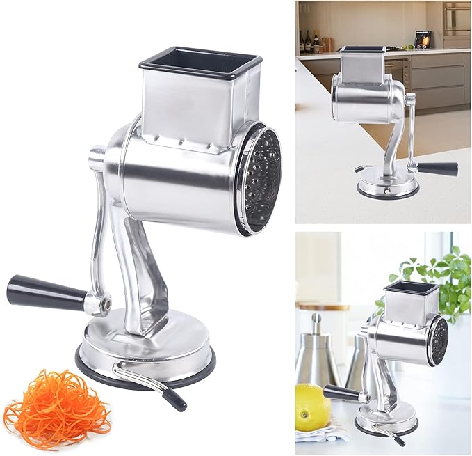 5-in-1 Rotary Cheese Grater Hand Drum Slicer Manual Cheese Shredder Multi-function Stainless Steel Vegetable Chopper Cutter with 5 Blades for Fruit Potato Cucumber Lemon Nut, Silver(Type1)
