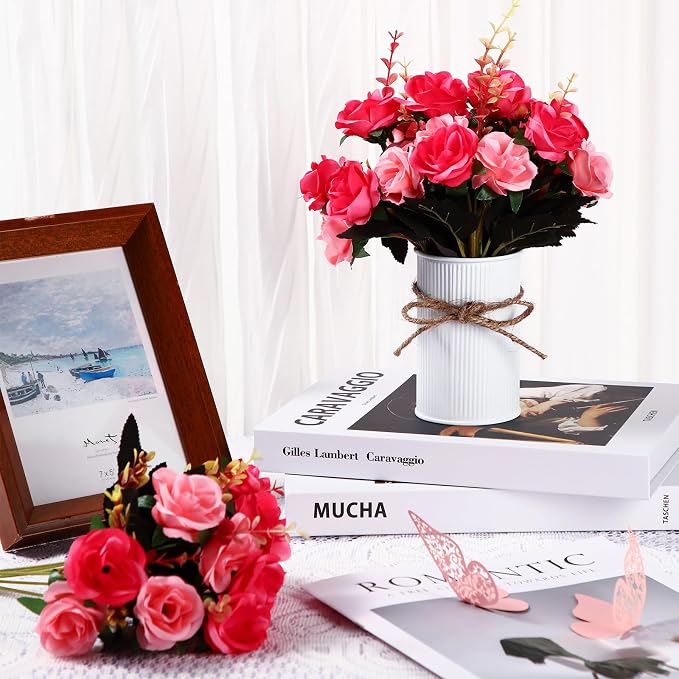 Domensi 6 Sets Wedding Centerpiece for Table Artificial Rose with Vase Fake Bouquets and Metal Pot Flower Arrangements for Bridal Shower Birthday Party Event Table Decor (Rose Red)