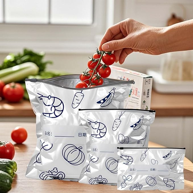Reusable Aluminum Foil Sealable Storage Bags - Freezer Bags, Resealable Stand Up Pouches for Fresh Keeping, with Label, Zip Lock, Suitable for Vegetable, Fruit, Meat, and More,3 Size (15)