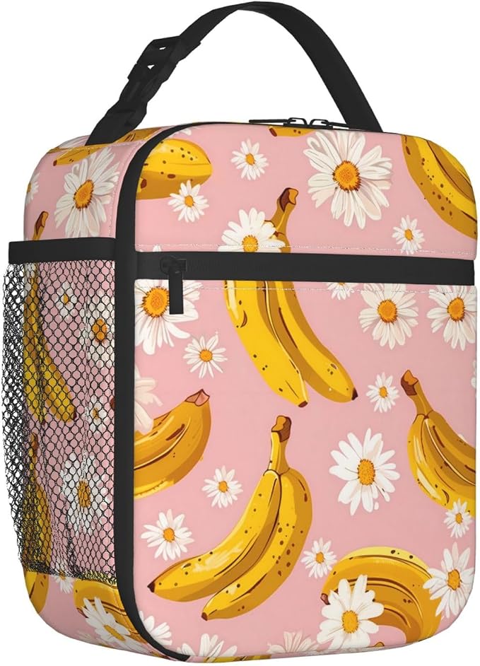 Reusable Banana and Daisy Lunch Box for Kids Girls Women Adult, Insulated Fruit and Floral Pink Lunch Bag,Polyester Cooler Handbags Case for School Picnic Work Travel Beach or Hiking