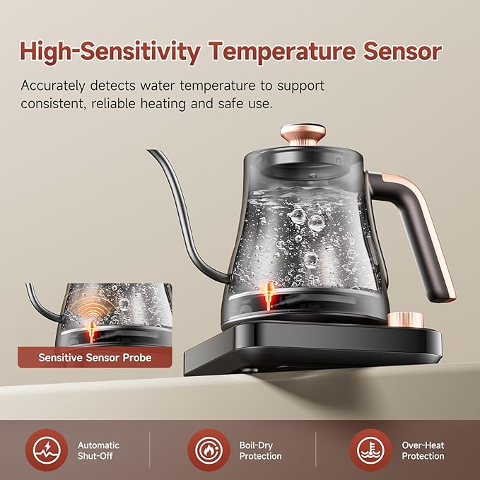 OLEGA Gooseneck Electric Kettle: 1000W Electric Kettles with Temperature Control 0.8L Stainless Steel Electric Tea Kettle Gooseneck Kettle for Coffee Tea Keep Warm (Black)