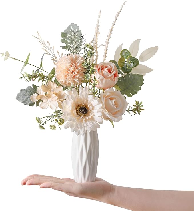 Small 11.8" Artificial Flowers in Ceramic Vase - Champagne Silk Flower Centerpiece for Dining Table, Office, Wedding & Farmhouse, Home Decor Gifts