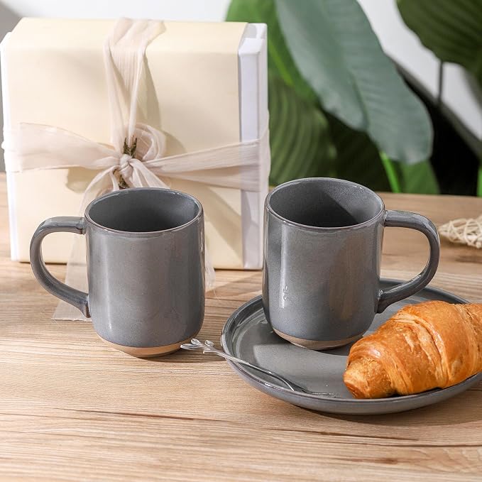 Ceramic Coffee Mugs Set of 4, 14oz Coffee Cups with Large Handle, Stoneware Two-Tone Tea Mugs for Latte and Cappuccino,Slate Gray Speckled, Terracotta Base,Housewarming Gift,Dishwasher&Microwave Safe