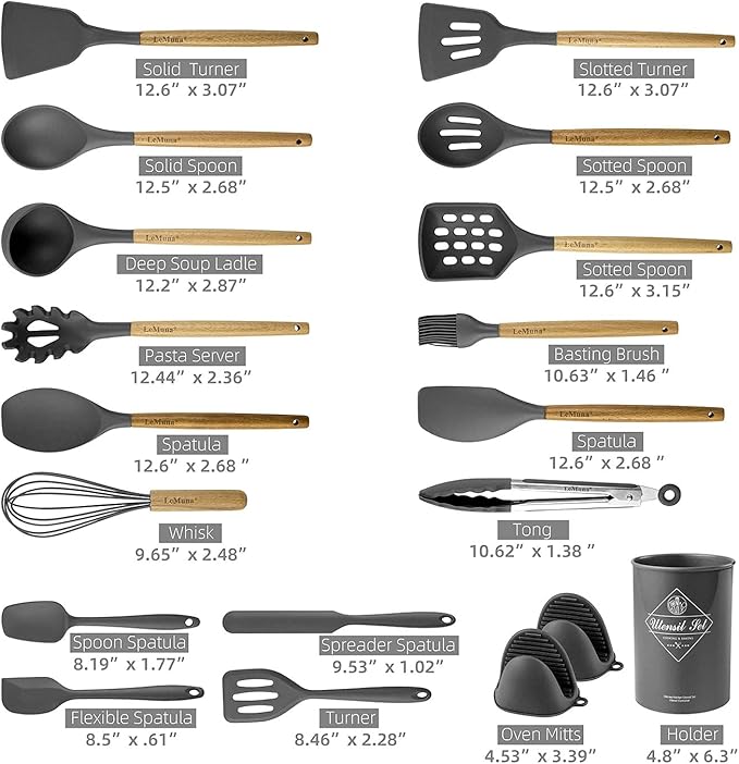 Silicone Cooking Utensils Set, Kitchen Utensils for Cooking with Holder, Wooden Handle Silicone Utensils Spatula Set, Heat Resistant, BPA Free, Non Toxic Kitchen Gadgets, Gray