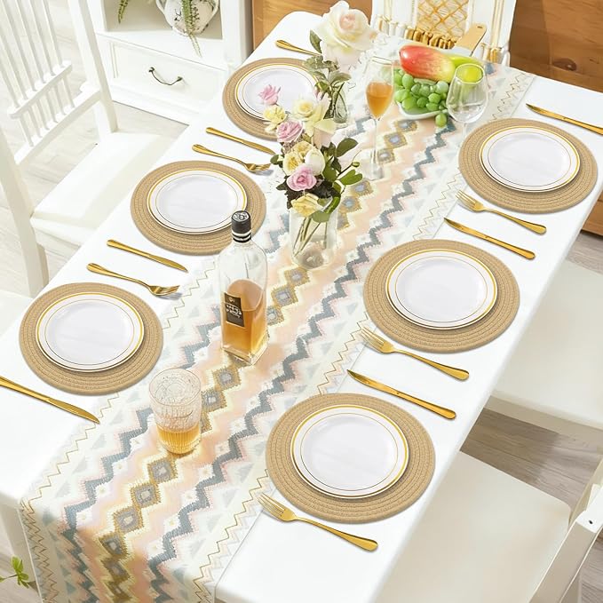 Round Placemats Set of 6, Cotton Rope Woven Table Mats, Hot Pads for Kitchen, Non Slip Heat Resistant Place Mats, 13 Inches Braided Placemat for Farmhouse Decor and Kitchen Table Decor (Khaki)