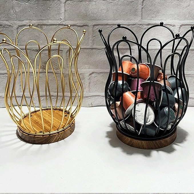 Multifunctional Coffee Pods Storage Basket with Wood Base Decorative Holder for Accessories