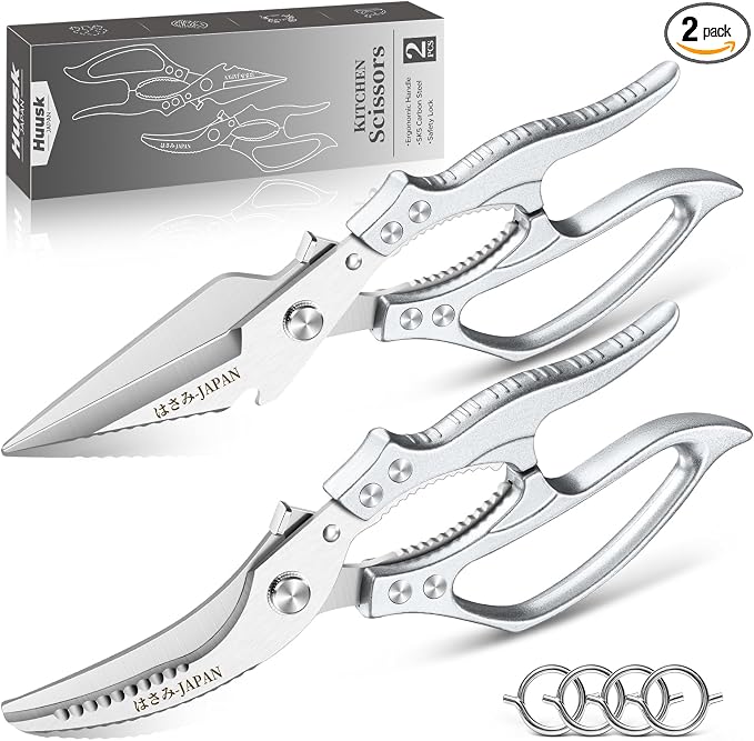 Huusk Heavy Duty Kitchen Scissors Set – All Purpose Japanese Poultry Shears for Chicken, Meat, Fish, Vegetables & Pizza with Ergonomic Non-Slip Silver Handle, Gifts for Women Men