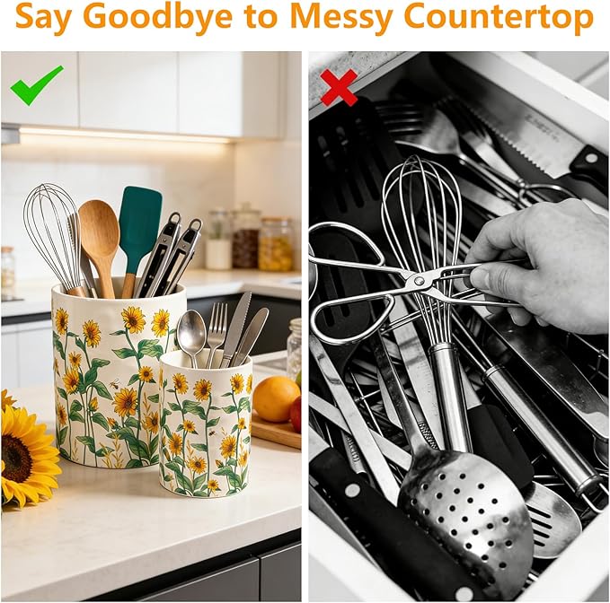 Sunflower Utensil Holder, 7.1"+5.4" Ceramic Utensil Holder for Kitchen Counter, Cooking Utensil Crocks for Countertop, Utensil Storage Container Organizer for Spoon, Sunflower Farmhouse Kitchen Decor