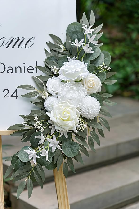Olalaka Artificial Flower Swag Set of 2 for Wedding Welcome Signs Floral Decorations, White Wedding Arch Flowers for Wedding Ceremony