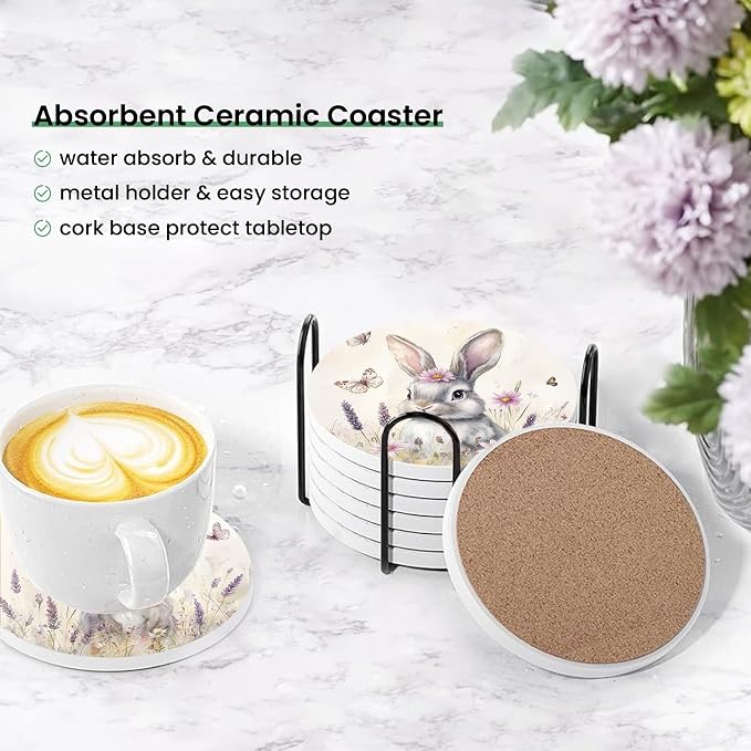 Easter Cute Bunny Rabbit Coasters Set of 6 for Drinks, Round Absorbent Ceramic Stone Coaster with Metal Holder, Pink Daisy Spring Coasters with Cork Base for Coffee Party Home Decor Gifts