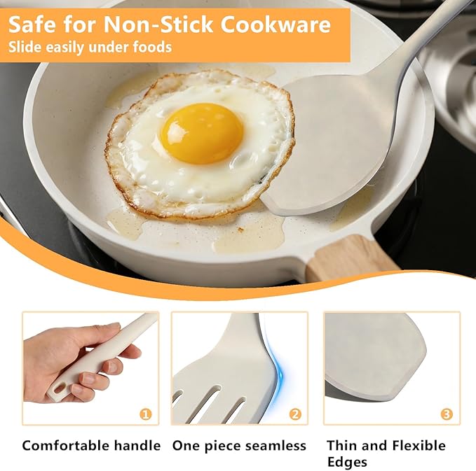 Silicone Spatula Turner Set, 600°F High Heat Resistant Spatulas for Cooking, BPA Free, Large Flexible Kitchen Utensils Flipping Eggs, Pancakes, Fish, Burgers, Dishwasher Safe (4 Pack, Khaki)