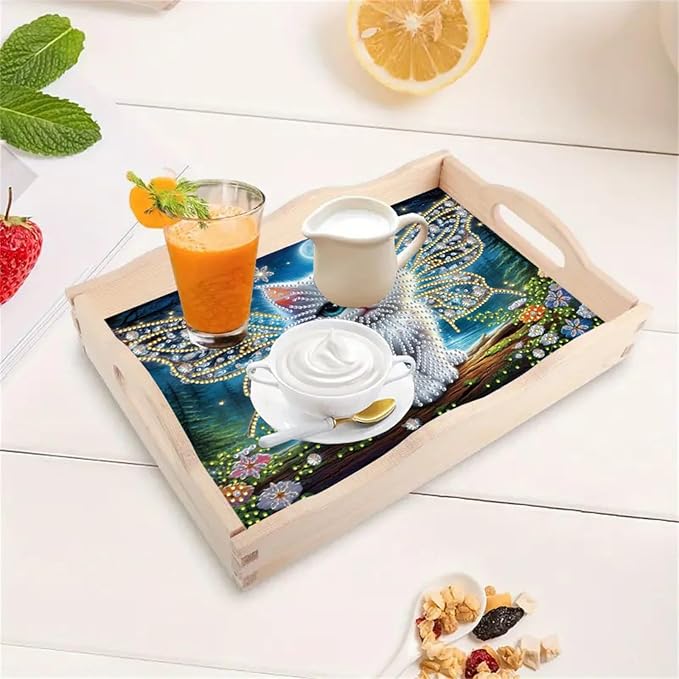 DIY Diamond Serving Tray with Handle Handmade Diamond Art Painting Wooden Rectangular Breakfast Tray for Dinner Plate Coffee Room Living Home Organizer-Cat02