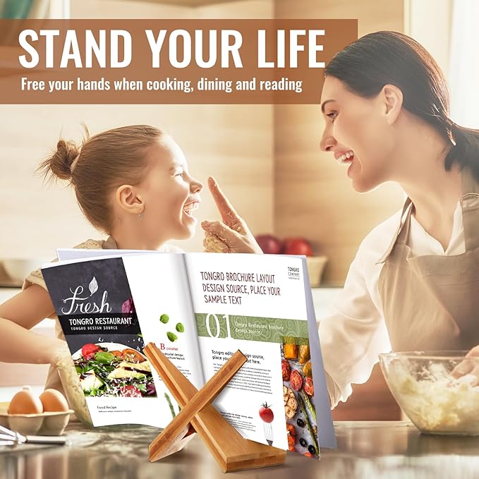 Cookbook Stand for Kitchen Counter, Kitchen Recipe Book Holder, Bamboo Wooden Cookbook Holder, Rustic Cook Bookstand Tablet Stand for Farmhouse Decor for Hardcovers, Magazine(Brown)