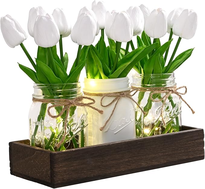 BLEUM CADE Mason Jar Centerpiece Table Decorations, Mason Jar Lights Centerpiece for Kitchen Dining Table Farmhouse Coffee Table Wedding Home Decor with 3 Jars Tulips Artificial Flowers & Wood Tray