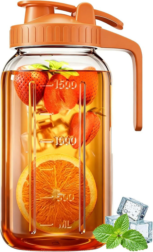 Glass Pitcher with Airtight Lid and Spout, 64oz Mason Jar Pitcher - Wide Mouth, Leakproof Water Jug for Juice, Sun Iced Tea, Cold Brew Coffee, Milk Storage, Orange