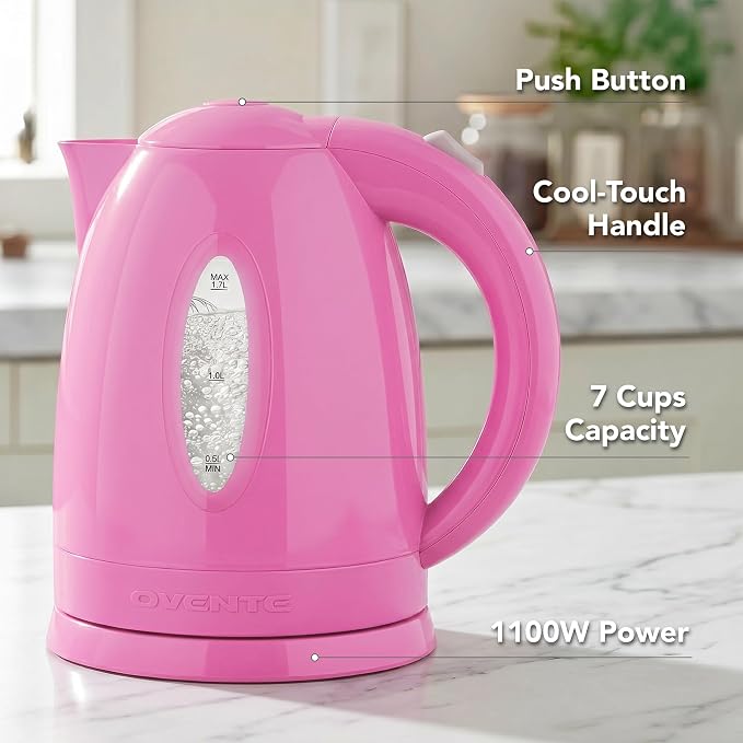 OVENTE Electric Kettle, 1.7L Fast Boiling Water Heater for Coffee or Tea, BPA Free with Water Level Gauge, Auto Shut-Off, Boil-Dry Protection, Indicator Light and Removable Filter, Pink KP72P