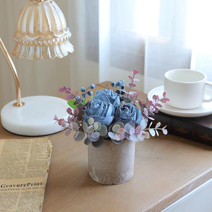 Small Artificial Burnt Blue Rose Potted Plant, 6" Fake Silk Flowers in 3" Cylindrical Pot, Mini Faux Floral Arrangement for Desk Shelf Bathroom Decor