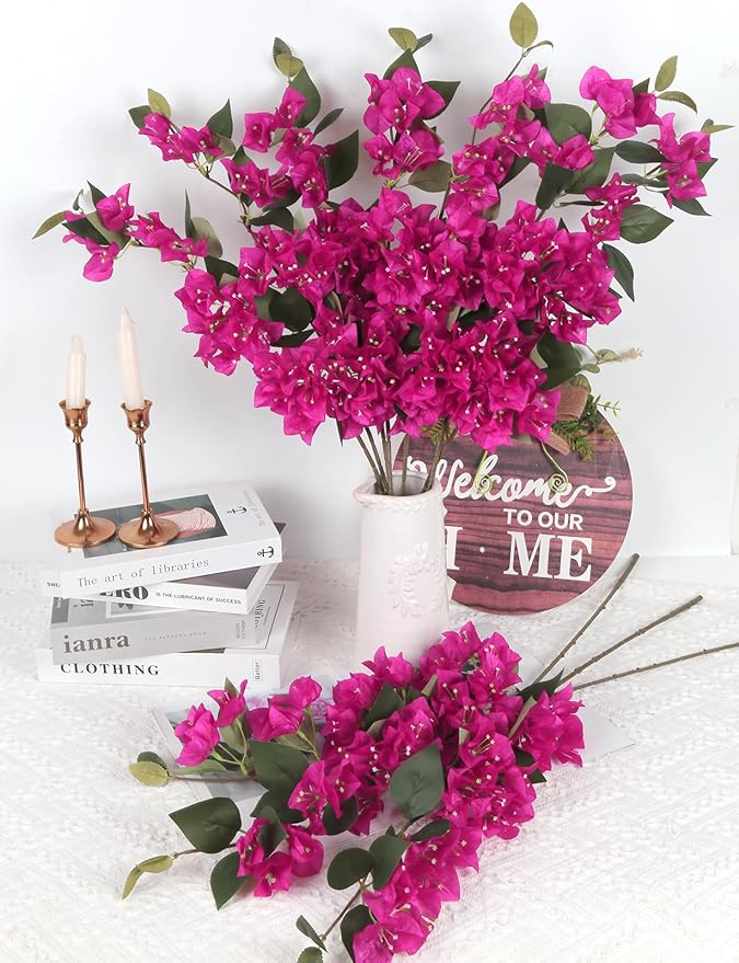 10PCS Artificial Flowers Bougainvillea Vines 29.50" Silk Bougainvillea Branches Deep Pink Faux Bougainvillea Long Stem Fake Flowers for Home Garden DIY Decor Wedding Centerpieces (Deep Pink)