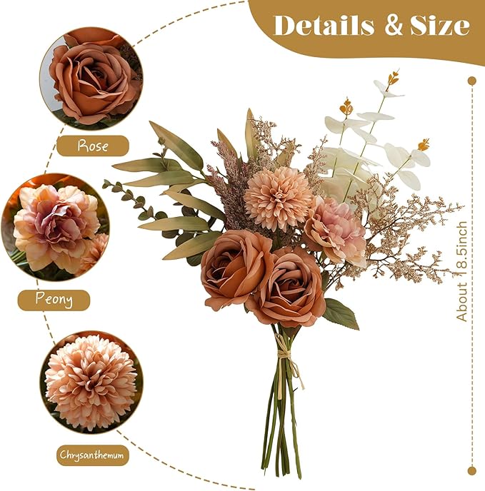 Artificial Flowers Bouquet - Faux Silk Flowers Centerpiece, Realistic Fake Flowers Plants for Home Decor Dining Table, Indoor Vase, Wedding Bouquet Arrangements (Orange)