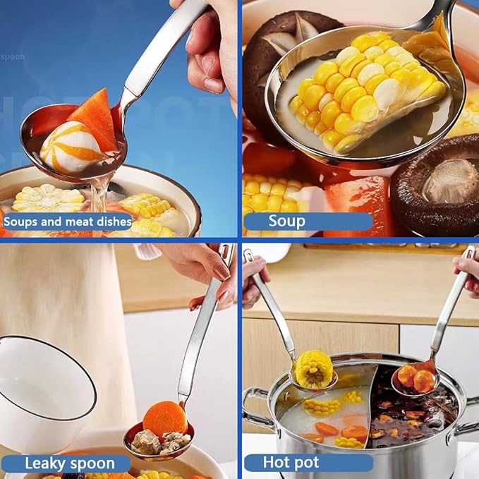 Collfa Small Soup Ladle Metal SUS304 Stainless Steel Ladles Spoon And Slotted Colander Spoon Set Soup Ladle With Holes Strainer Scoop Ladles For Serving Gravy Hot Pot Or Restaurant,2 Piece Set