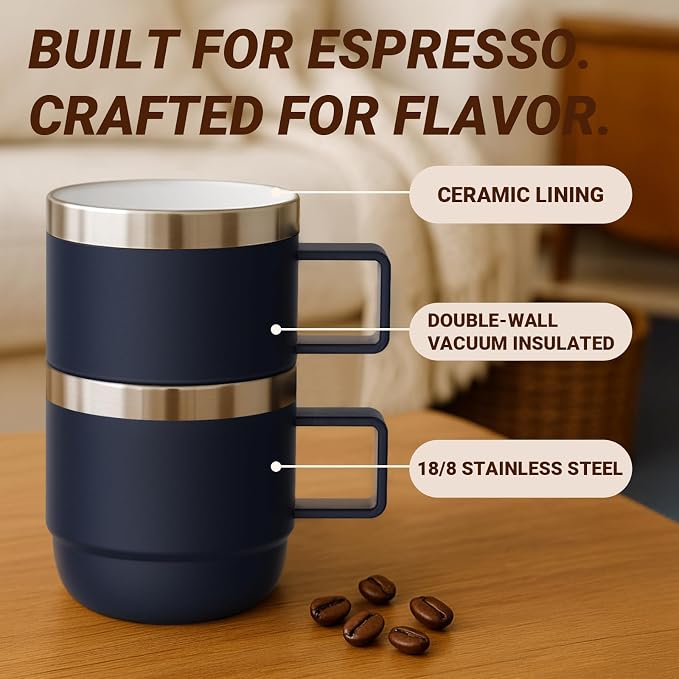 6 oz Small Espresso Mug with Handle, Ceramic-Lined 18/8 Stainless Steel, Double-Wall Vacuum Insulated, Stackable, Dishwasher Safe, for Cortado & Flat White, 2 Pack, Wine Red