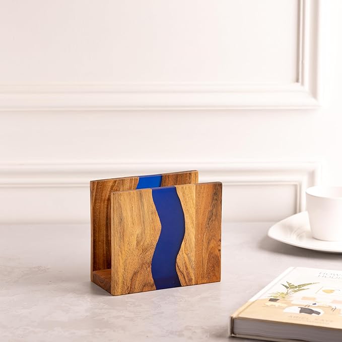 Acacia wood & Transparent Epoxy resin Napkin holder for table, Rustic farmhouse napkin organisation for kitchen, dining, counter tops, restaurant or outdoors | 6x5x2.5 inches| Blue