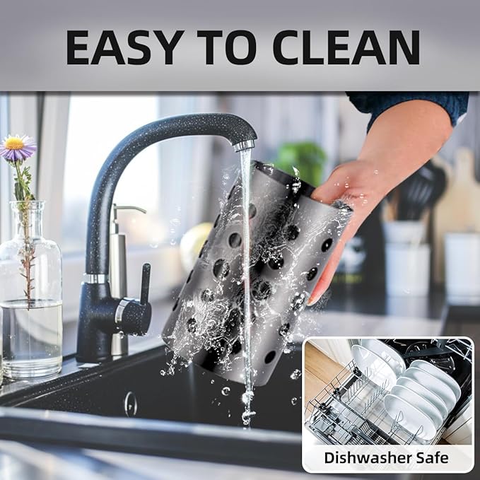 QRU Kitchen Utensil Holder for Countertop (H6.7” x W4.1”), Stainless Steel Cooking Utensil Caddy for Tools, Spatulas, Spoons, Silverware & More, Cooking Utensil Organizer, Kitchen Decor (Black)