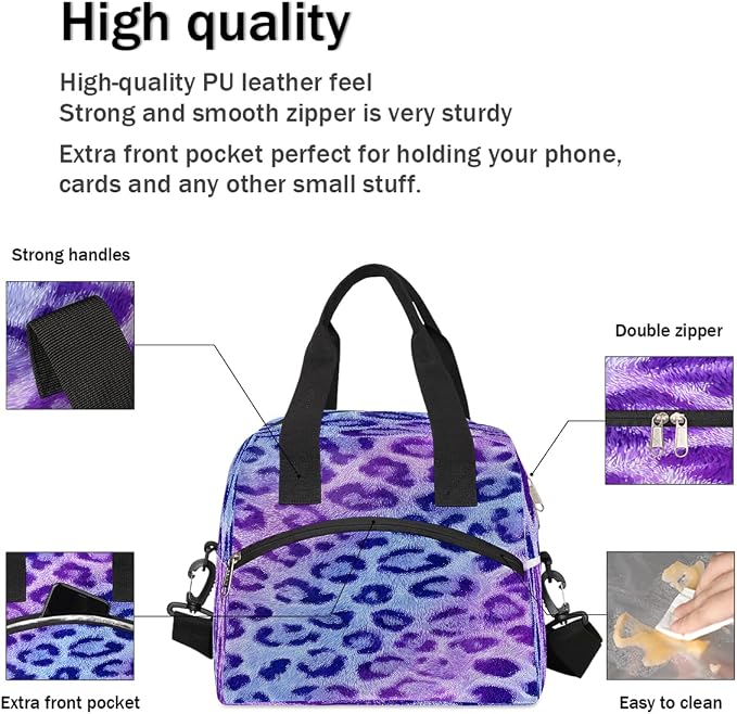 Leopard Purple Insulated Lunch Bags for Women Girls Adult Ethnic Reusable Lunch Tote Therma Cooler Bag with Shoulder Strap Lunch Box for School Work Office Picnic Meal Prep Bag