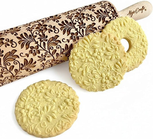 FLORAL WREATH Embossing Rolling Pin with Flowers Pattern. Dough and Clay Roller for Embossed Cookies and Pottery. Cookie and Ceramic Stamp. Backing Gifts for Women by Algis Crafts
