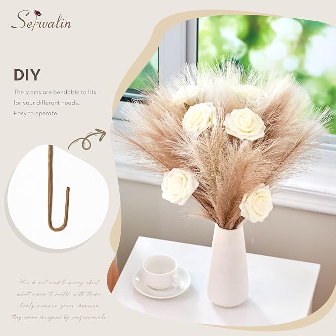Serwalin 𝟲𝟬pcs Pampas Grass Decor, 𝟭𝟳.𝟳Inch Pampas Grass Home Decor, Faux Pampas Grass Bulk Boho Decor, Artificial Fake Flowers Fluffy, Vase Filler Faux Pampas Decoration Ivory Beige Sand