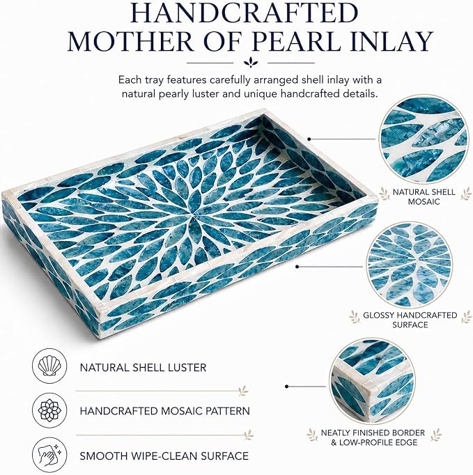 Mother of Pearl Inlay Wooden Tray – Handmade Decorative Rectangle Serving Tray for Coffee Table, Kitchen, Bathroom, Vanity or Living Room Decor, Blue Scallop