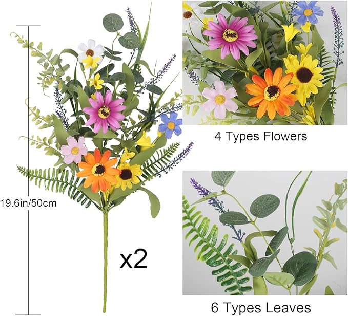 GTIDEA 2 Bundles Artificial Daisy Flowers Fake Silk Spring Flowers Colorful Flowers Fake Wildflowers Bouquet for Home Indoor Table Vase Wedding Party Decor (20in)