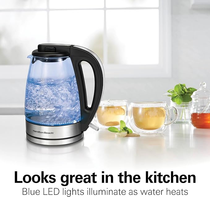 Hamilton Beach 1.7L Electric Kettle, Water Boiler & Heater, LED Indicator, Built-In Mesh Filter, Auto-Shutoff & Boil-Dry Protection, Cordless Serving, Clear Glass (40864)