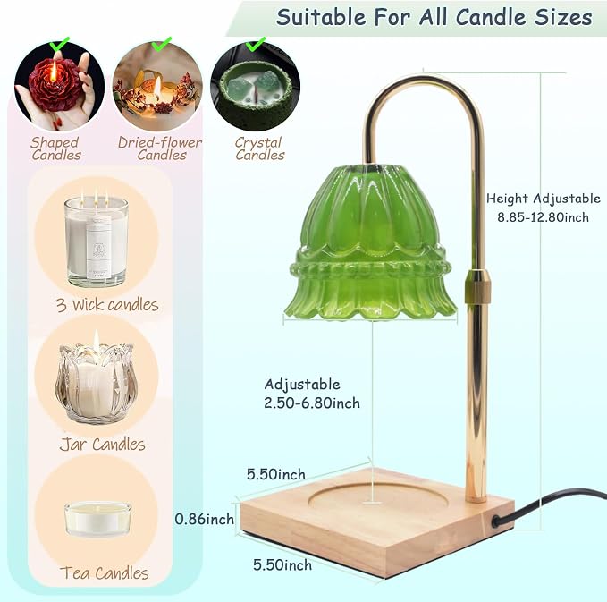 Glass Flower Lampshape Candle Warmer Lamp with Adjustable Height, Wax Burner Lamp with Timer and Dimmer, Wooden Base Candle Warmer, Women's Gifts (Green)