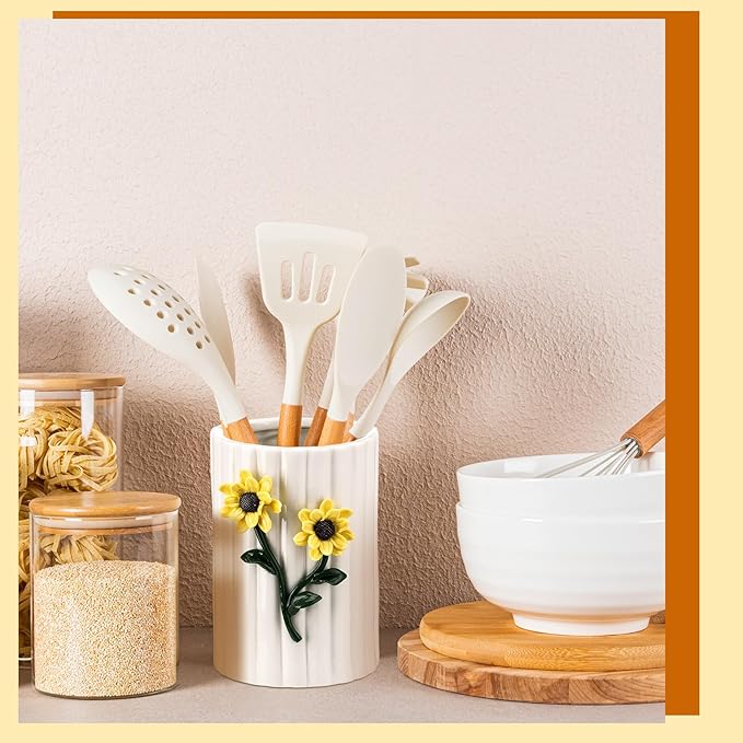 LemonRoad Ceramic Utensil Holder - 3D Sunflower Kitchen Decor, Countertop Cooking Tool Storage Crock for Spatulas, Whisks, Vase Decor Pen Holder Graduation Gift for College Students Storage Caddy