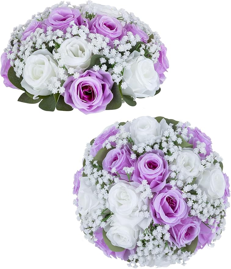 BLOSMON Fake Flowers Ball Centerpieces: 2 Pcs Lilac Rose Babys Breath Artificial Flowers Decoration for Wedding Table - Faux Silk Kissing Floral Bouquet Arrangements for Home Party DIY Decor