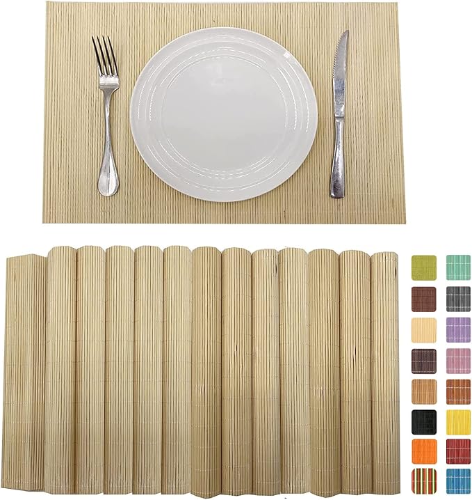 Set of 12 Pcs Bamboo Placemats Sushi Rolling Mat Japanese Style Natural Anti-Slip Bamboo Placemats Washable Heat-Resistant Table Mats for Dining Room and Kitchen（ Natural Color）