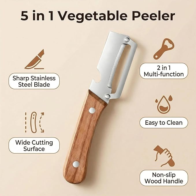 NEW Premium Vegetable Peeler with Wooden Handle and Bottle Opener: 2-in-1 Stainless Steel Kitchen Tool for Fruit Apple Potato Pumpkin Papaya (1Pcs)