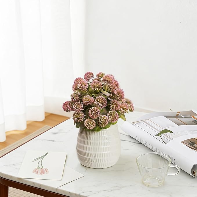 11 Inch Pink Pompon Mum Artificial Flower Balls in Pot - Eucalipto Artificial & Faux Greenery Centerpiece for Modern Home, Dining Table, Coffee Table & Shelf Decor