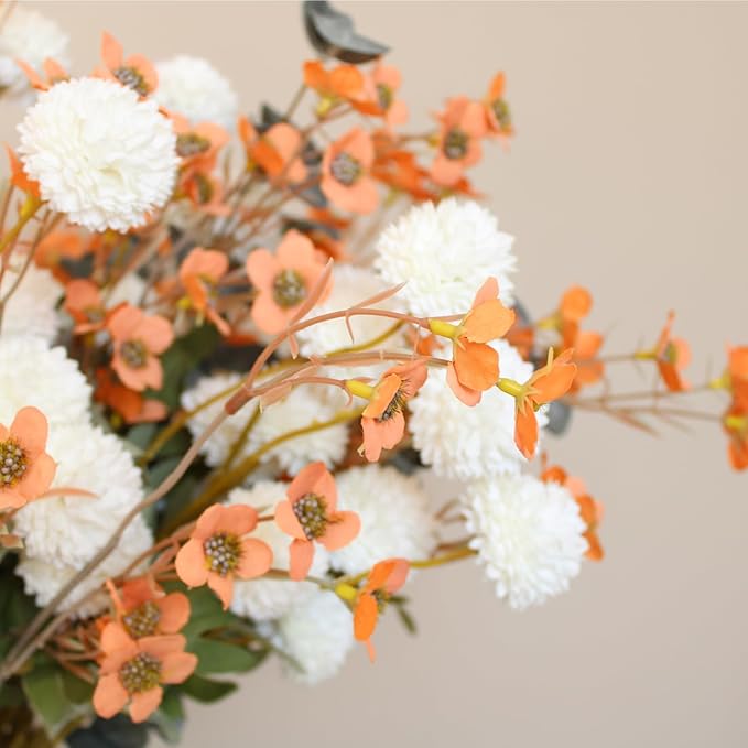 RyddeligHome Artificial White Kiku & Orange Wax Flowers, 22 Long Stems Bulk Silk Flowers for Vases, Spring Floral Stems Arrangements for Home Decor, Centerpieces for Tables, Rustic Decorations