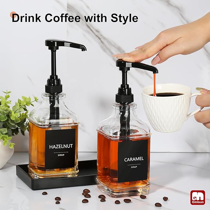 GMISUN Coffee Syrup Dispenser with Tray, 16.9 fl oz Syrup Pump Dispenser for Coffee Bar Accessories, Glass Syrup Bottle for Coffee Bar Essentials, Maple Syrup Bottles with ¼oz Large Capacity Pump