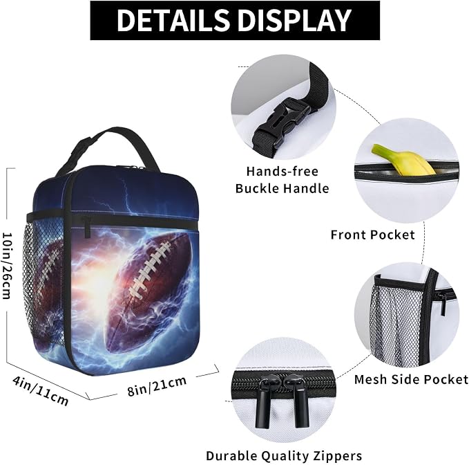 Football Lunch Box Insulated Thermal Reusable Lunch Bag Cooler Totes For Men Work Office Picnic Hiking