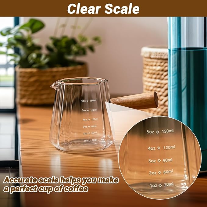 Espresso Measuring Cup 6 Oz, Espresso Glass Cups with Wood Handle, Milk Frothing Cup, Espresso Cup for Coffee, Milk, Tea or Maple Syrup Serving