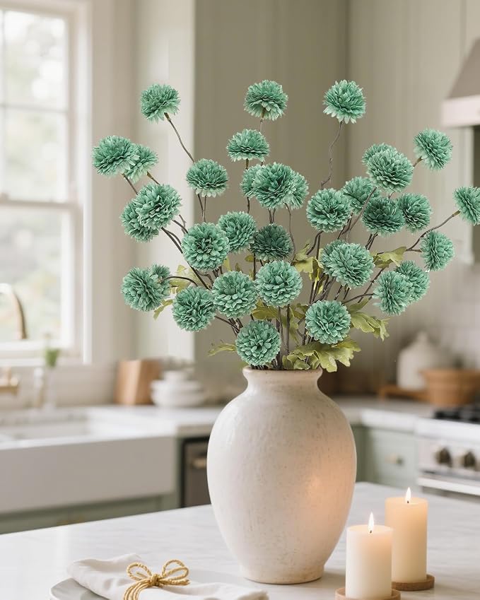 DuHouse 6pcs Artificial Flowers Faux Silk Pompon Mum,Silk Small Mini Chrysanthemum Ball with Stems for DIY Bouquets Centerpieces Vase Home Table Kitchen Decorations(Sage Green)
