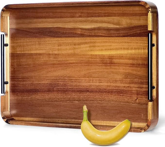 22" x 15.75" Acacia Wood Serving Tray with Metal Handles & Rounded Corners, Large Rectangular Wooden Ottoman Tray for Coffee Table, Living Room, Kitchen, Food Serving