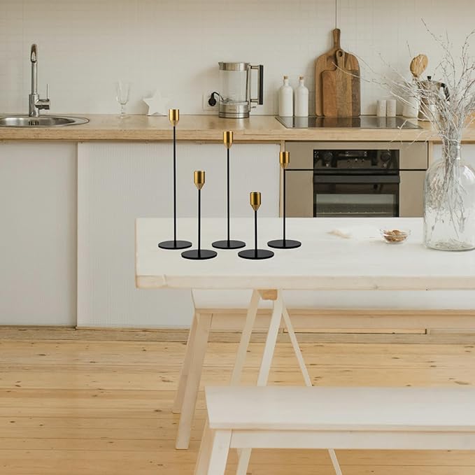 Set of 5 Black Taper Candlestick Holders with Brass Top, Metal Candle Stick Holder, Antique Mid-Century Candle Holders for Table Centerpiece, Mantel, Dining Table Decor